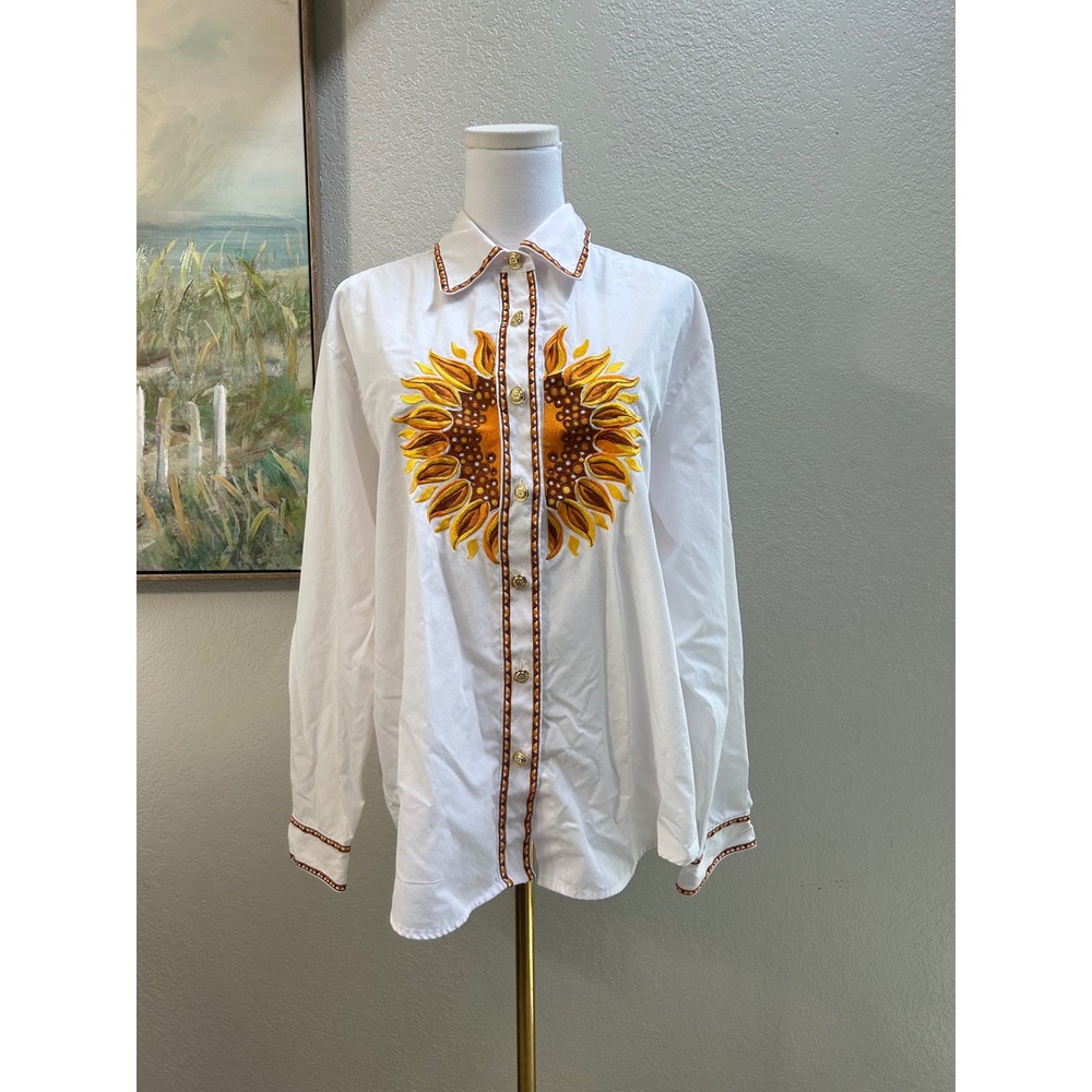 Bob Mackie Wearable Art White Sunflower Embroidered Button Down Shirt Large